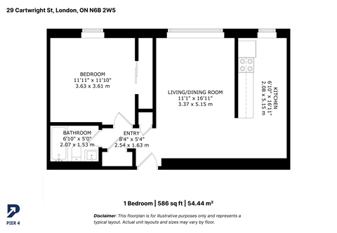 Floor plan for 1 bed, 1 bath, 568 sqft